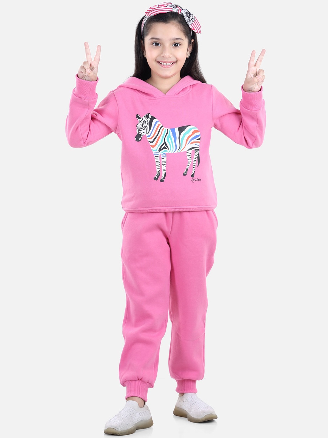 

StyleStone Girls Pink & White Zebra Printed Cotton Tracksuit