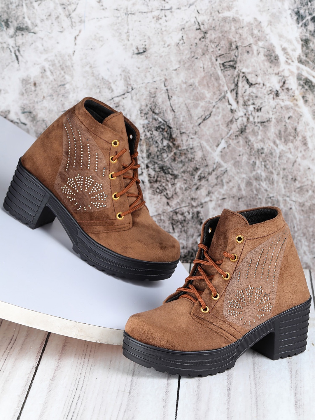 

LONDON STEPS Brown Embellished Block Heeled Boots
