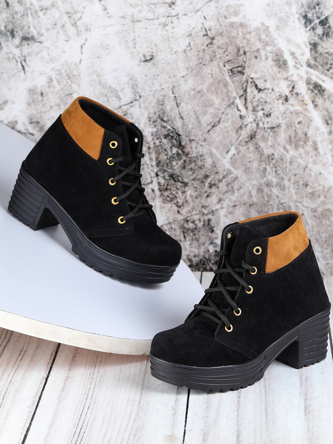 

LONDON STEPS Black Colourblocked Suede Block Heeled Boots