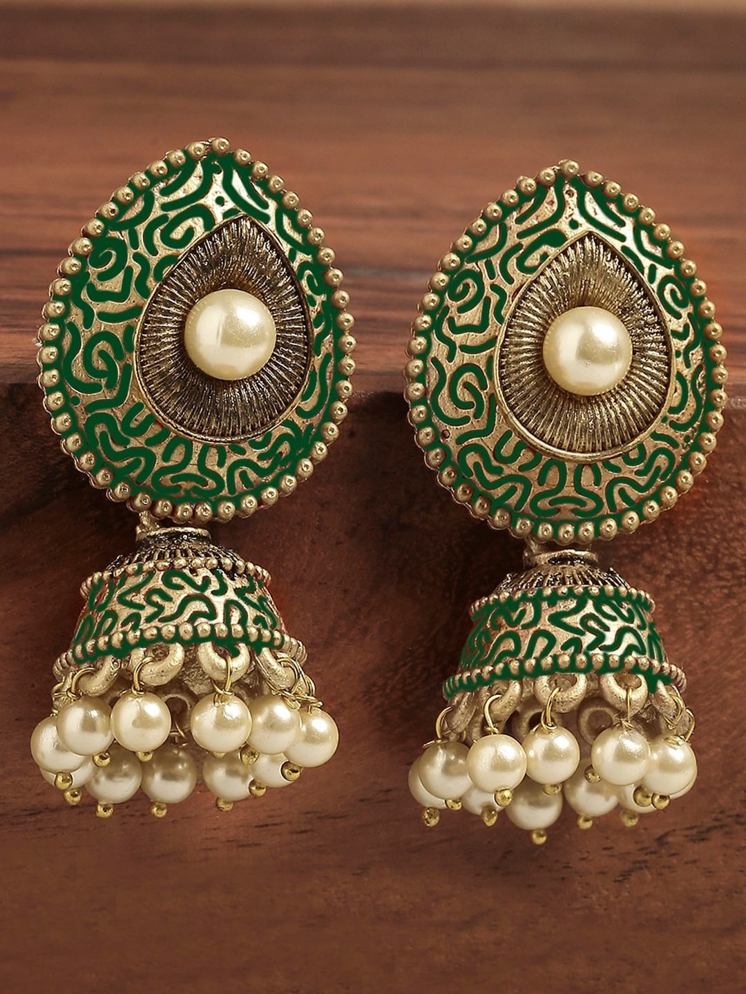 

OOMPH Green Meenakari Enamel Teardrop Shaped Jhumkas Earrings