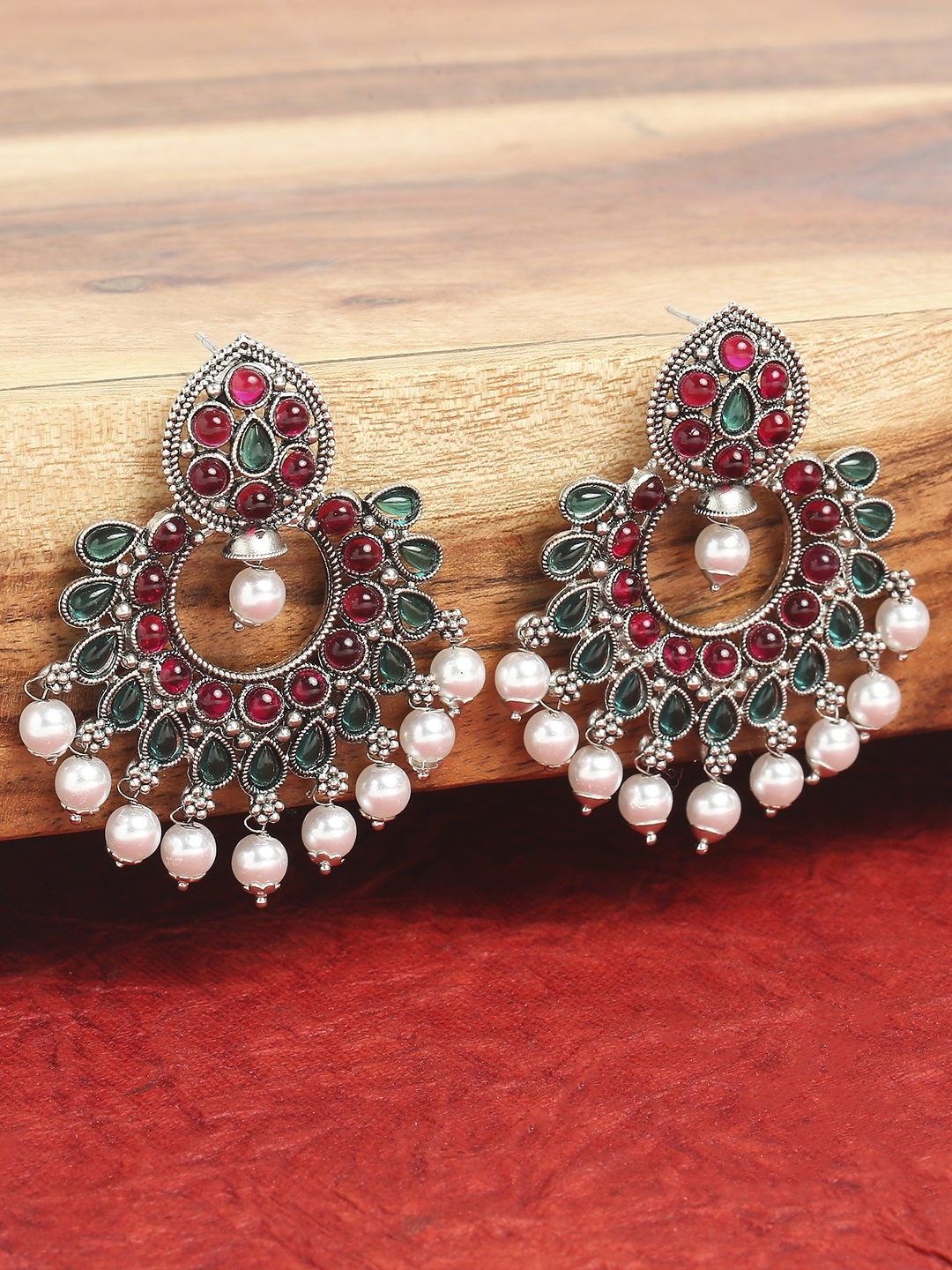 

OOMPH Red & Silver-Toned Crescent Shaped Chandbalis Earrings