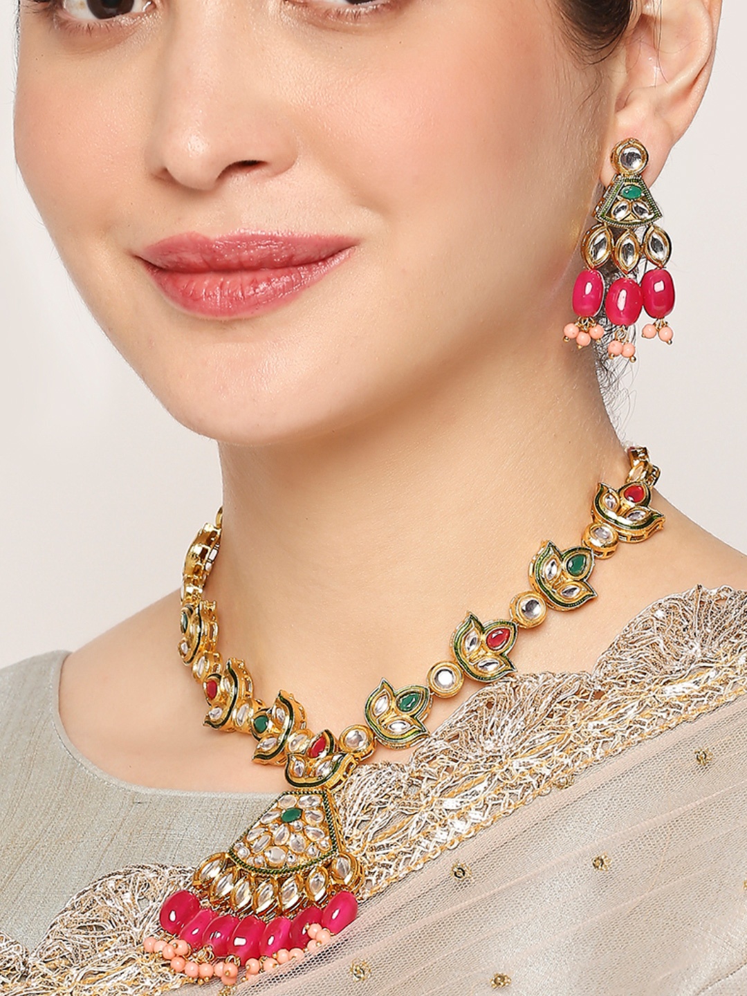 

OOMPH Gold-Toned Kundan-Studded Beaded Jewellery Set, Pink