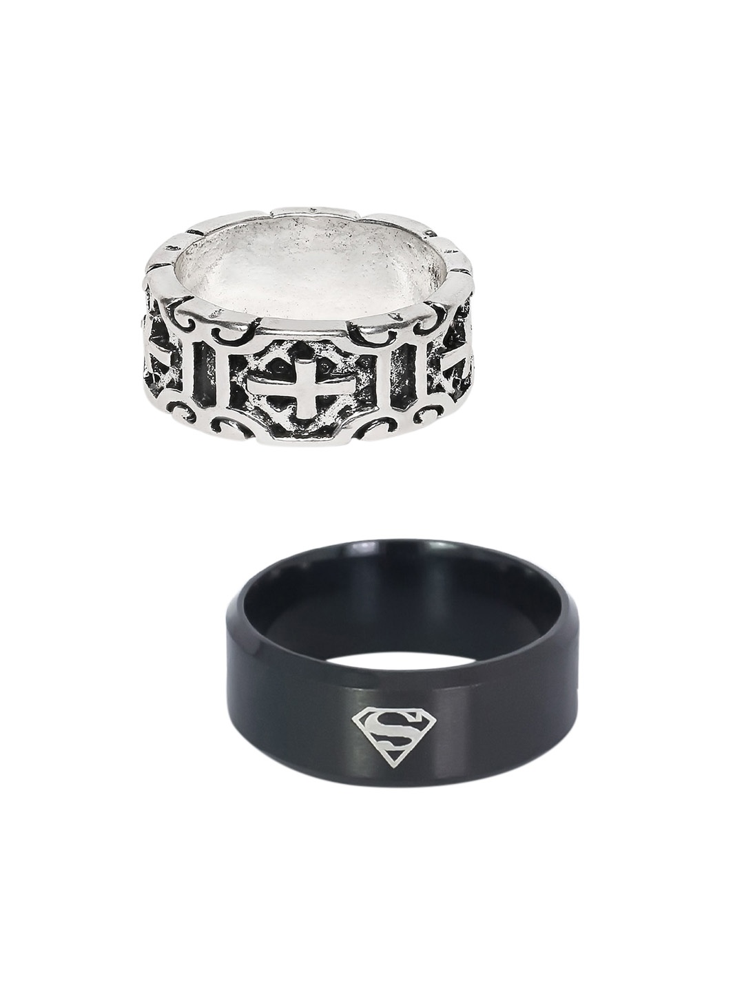 

OOMPH Men Set Of 2 Knights Templars & SuperHero Broad Band Ring, Silver