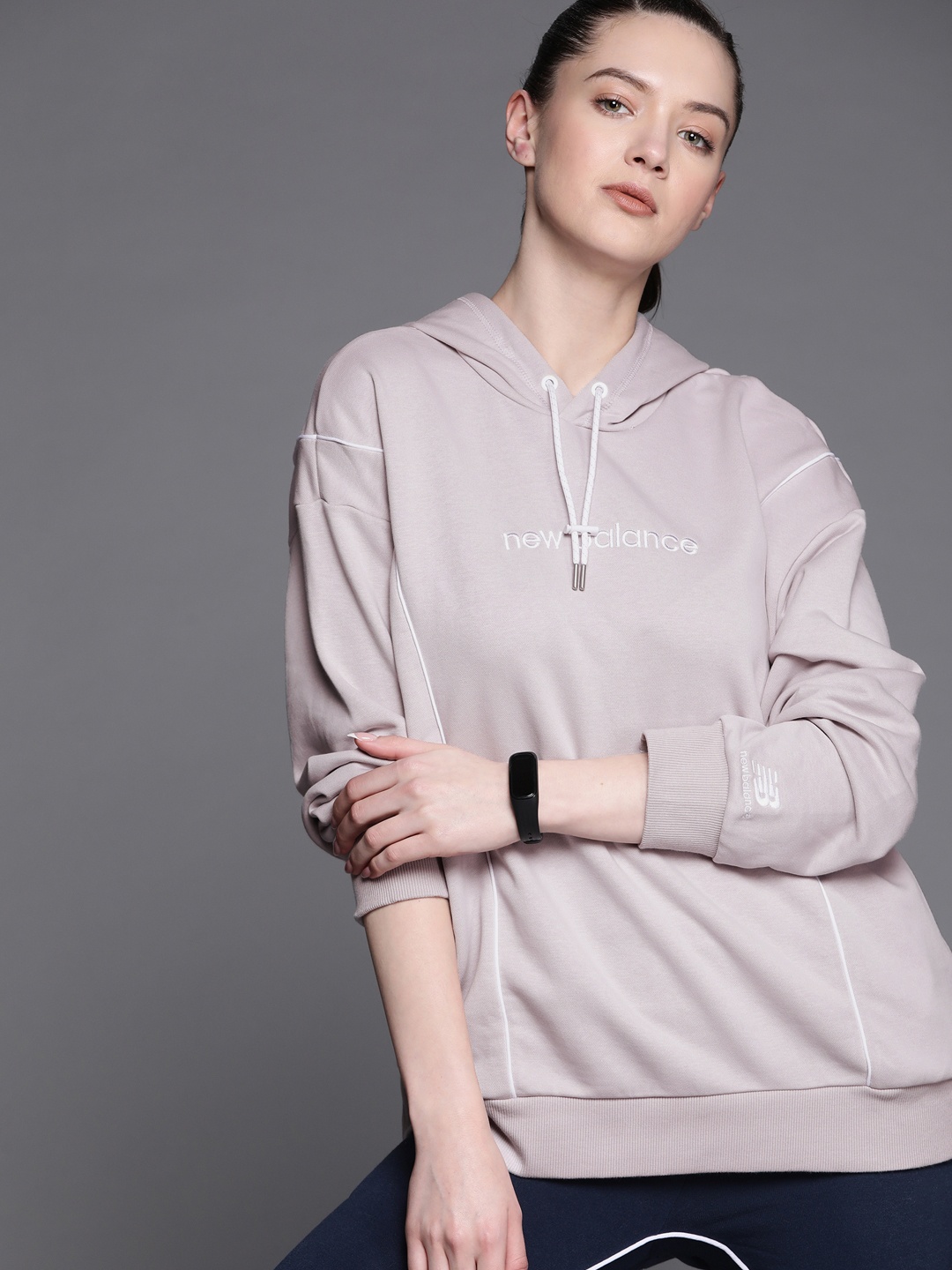

New Balance Women Grey Pure Cotton Brand Logo Embroidered Hooded Sweatshirt