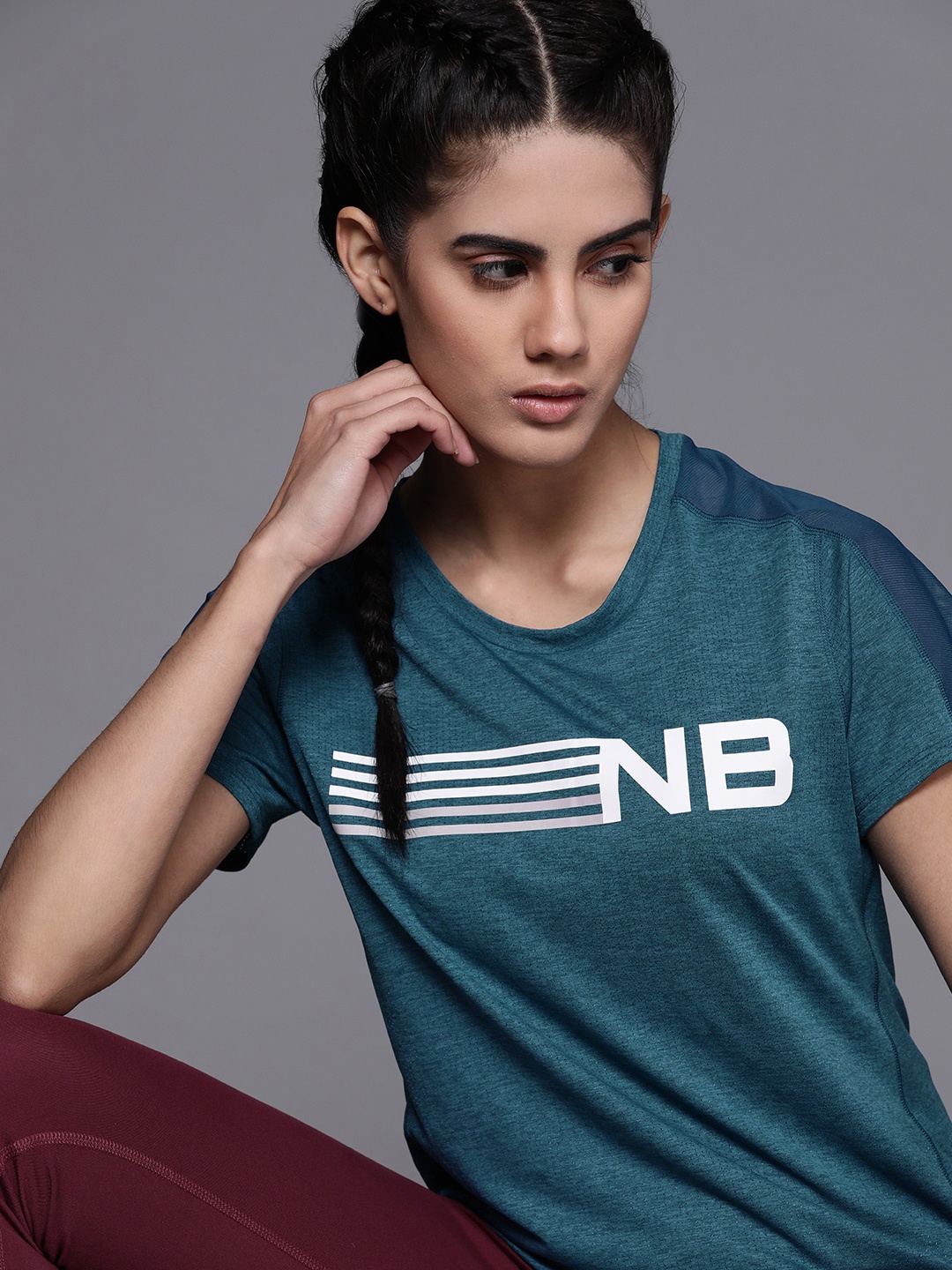 

New Balance Women Teal Brand Logo Printed T-shirt