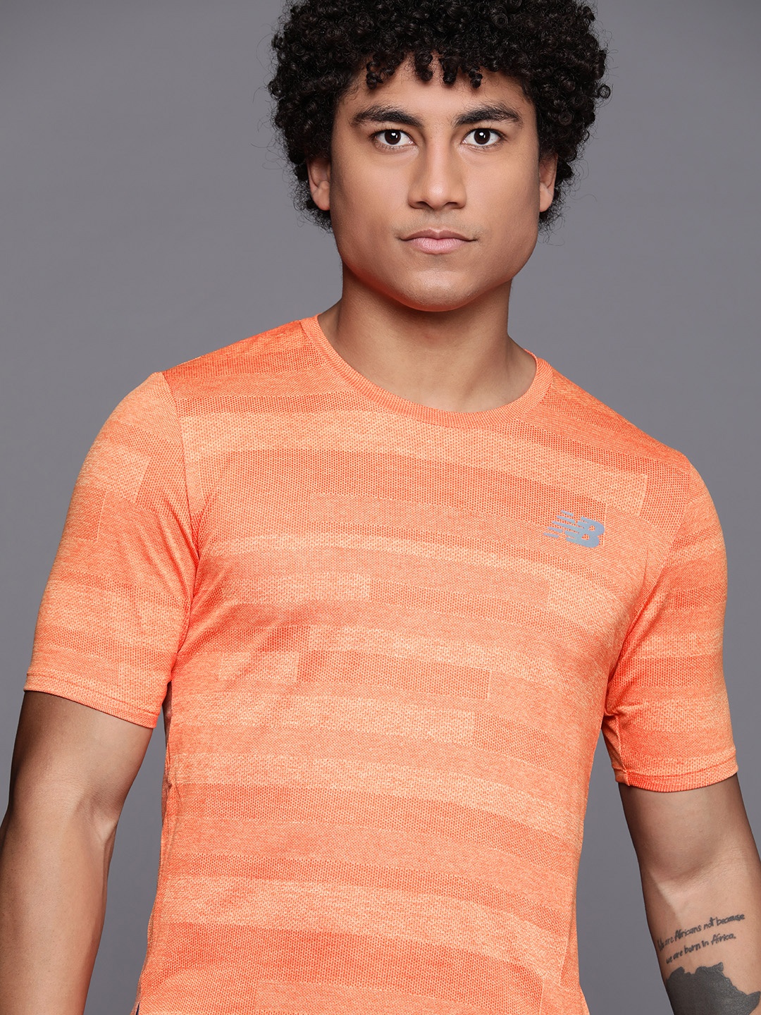 

New Balance Men Self Striped Running T-shirt, Orange