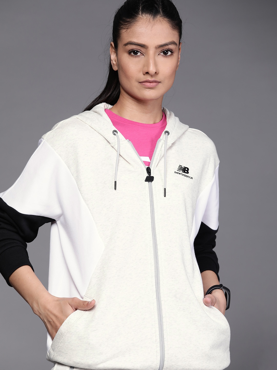 

New Balance Women Grey Melange & White Colourblocked Sporty Jacket