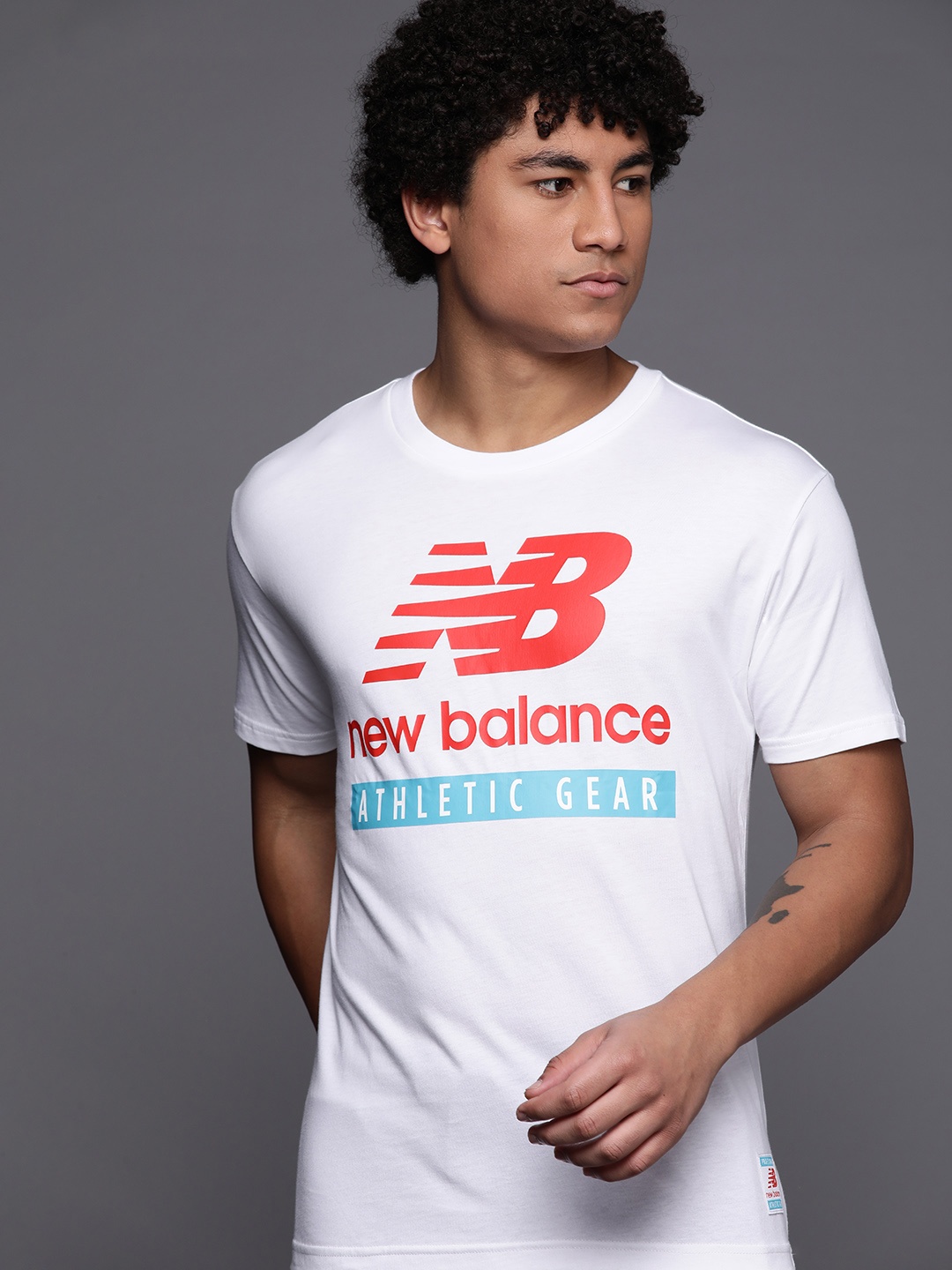 

New Balance Men Brand Logo Printed Pure Cotton T-shirt, White