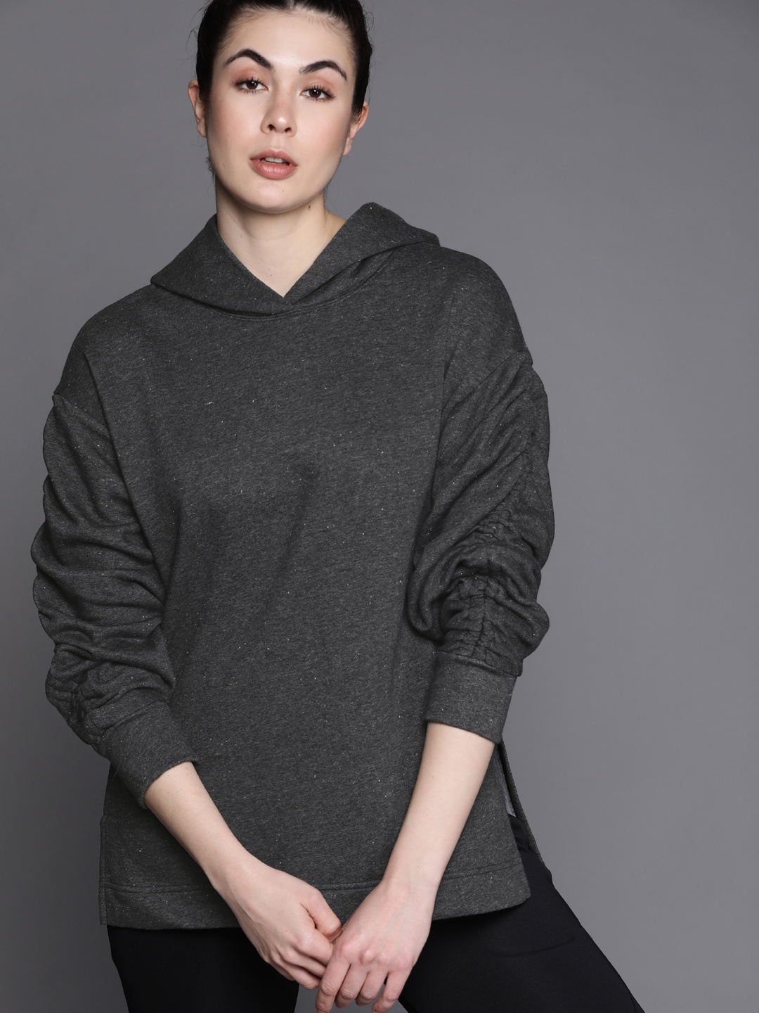 

New Balance Women Charcoal Grey Drop-Shoulder Sleeves Solid Hooded Sweatshirt
