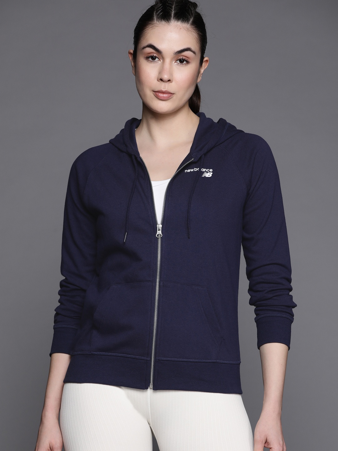 

New Balance Women Navy Blue Solid Hooded Sweatshirt