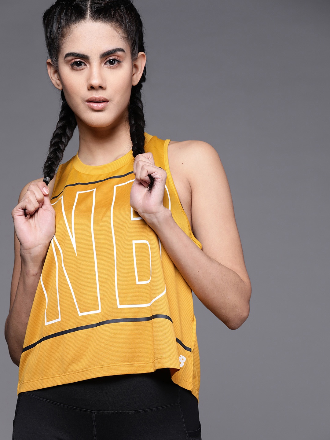 

New Balance Mustard Yellow Brand Logo Print Tank Crop Top