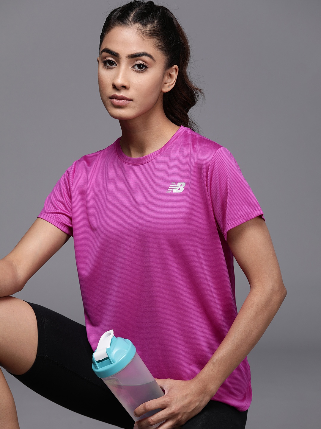 

New Balance Women Striped Moisture Wicking T-shirt, Pink