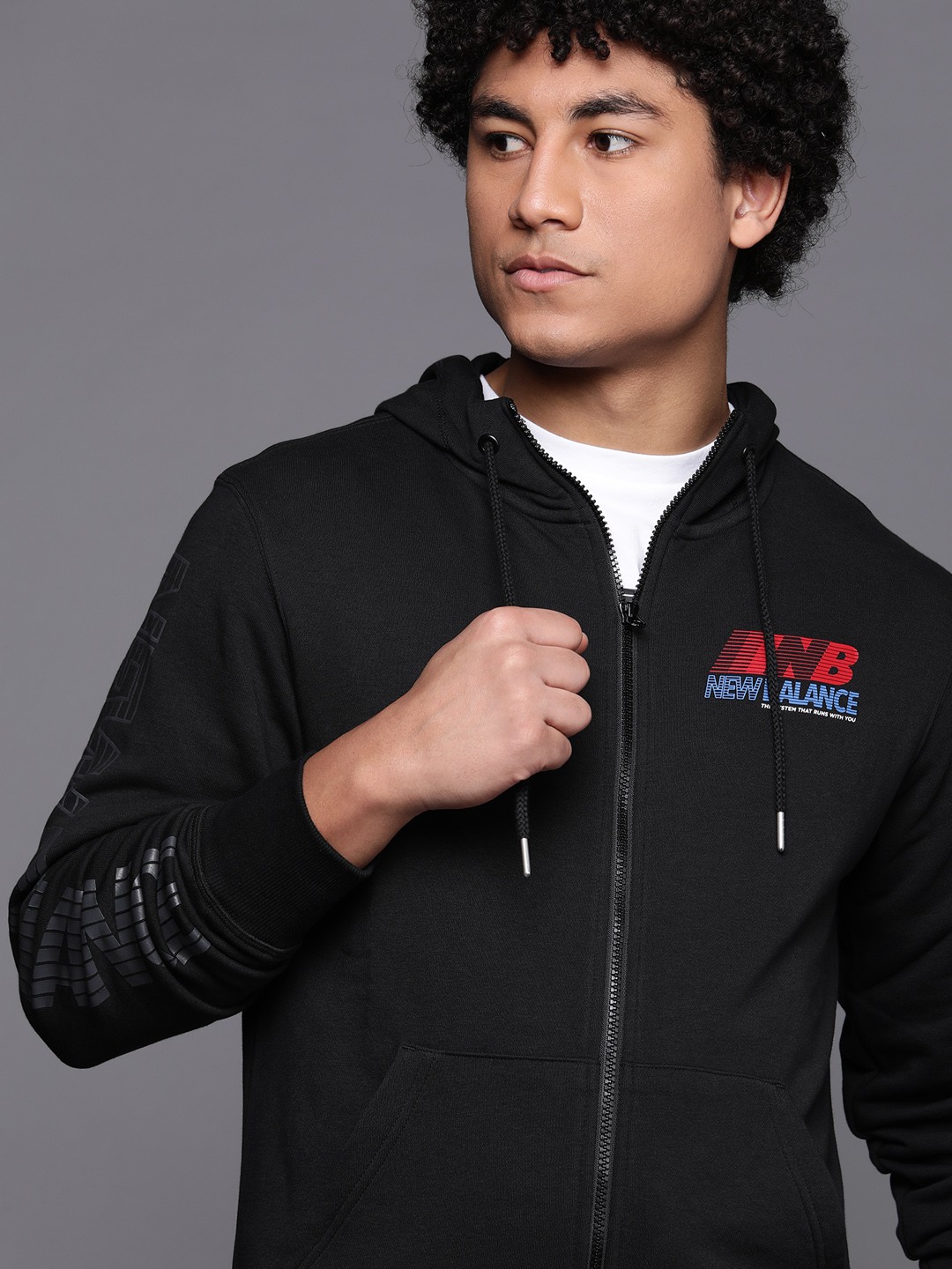 

New Balance Men Brand Logo Printed Hooded Sweatshirt, Black