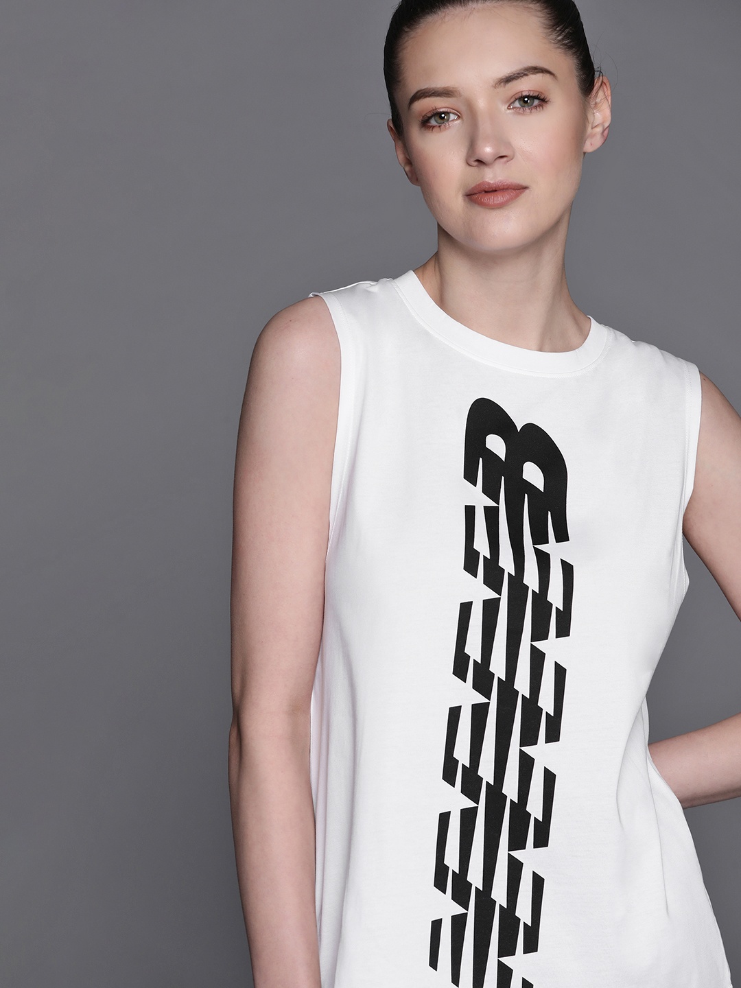 

New Balance White & Black Typography Printed RuchedTop