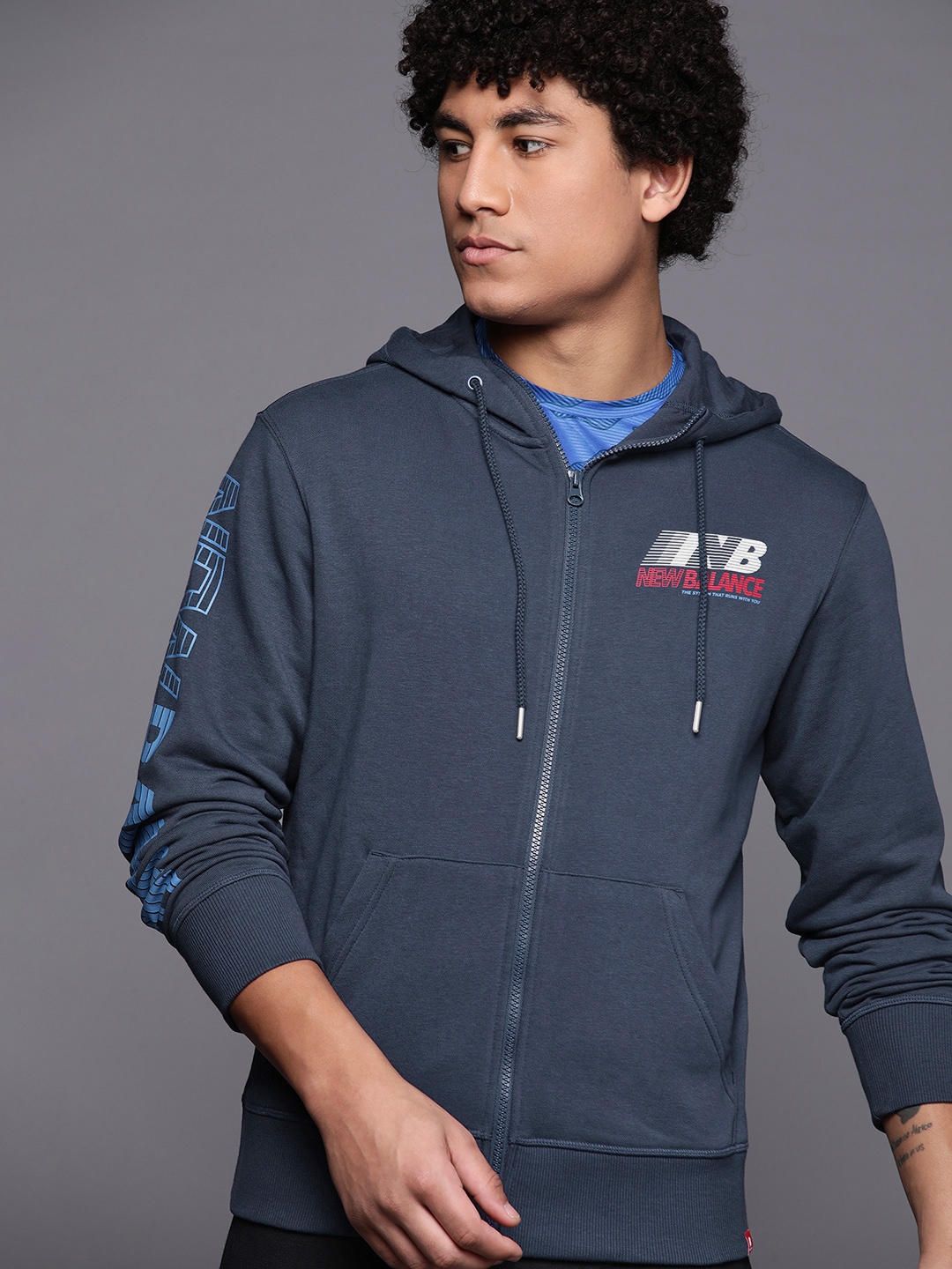 

New Balance Men Brand Logo Printed Hooded Sweatshirt, Blue