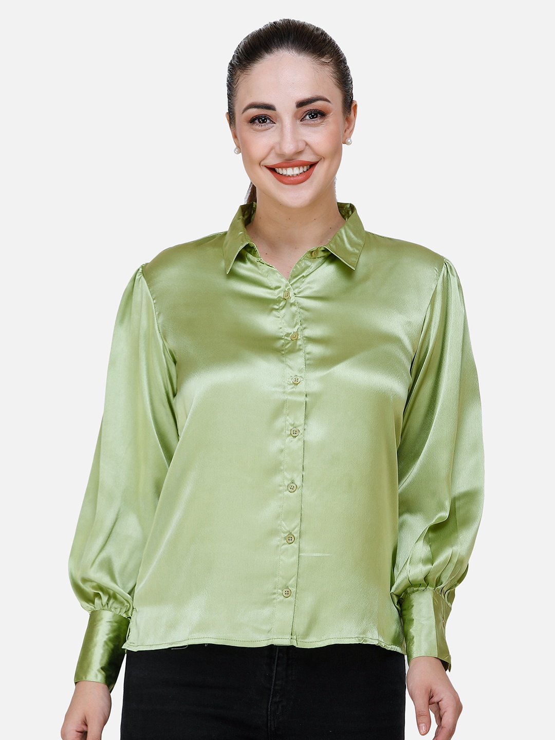 

DECHEN Women Green Opaque Party Shirt