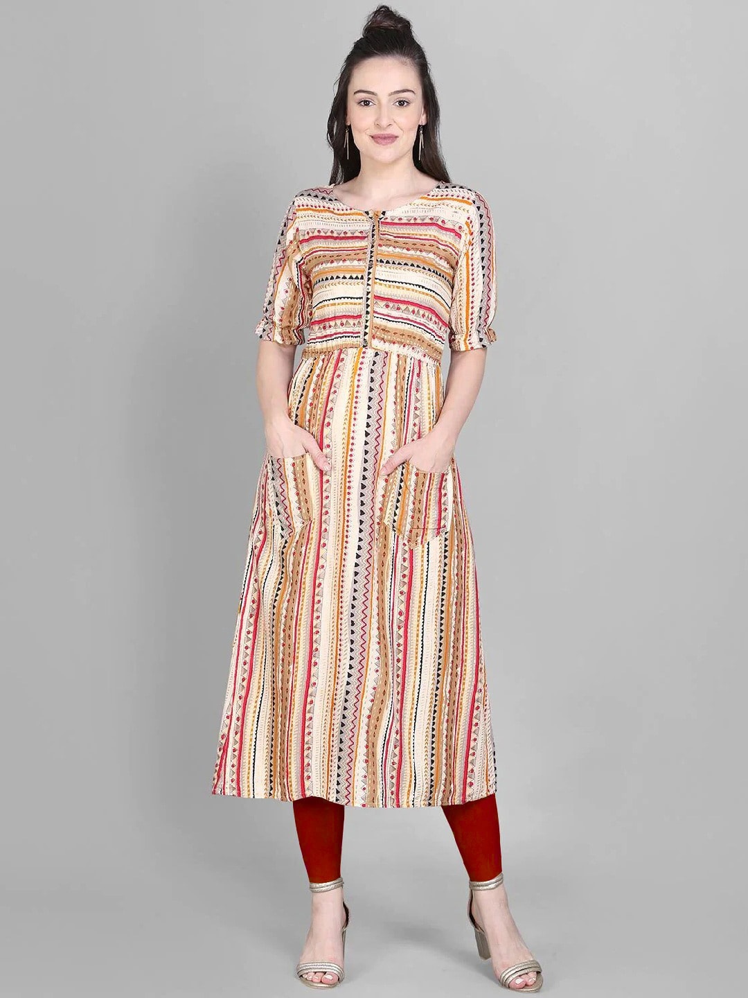 

OM SAI LATEST CREATION Women Beige Ethnic Motifs Printed Bell Sleeves Kurta