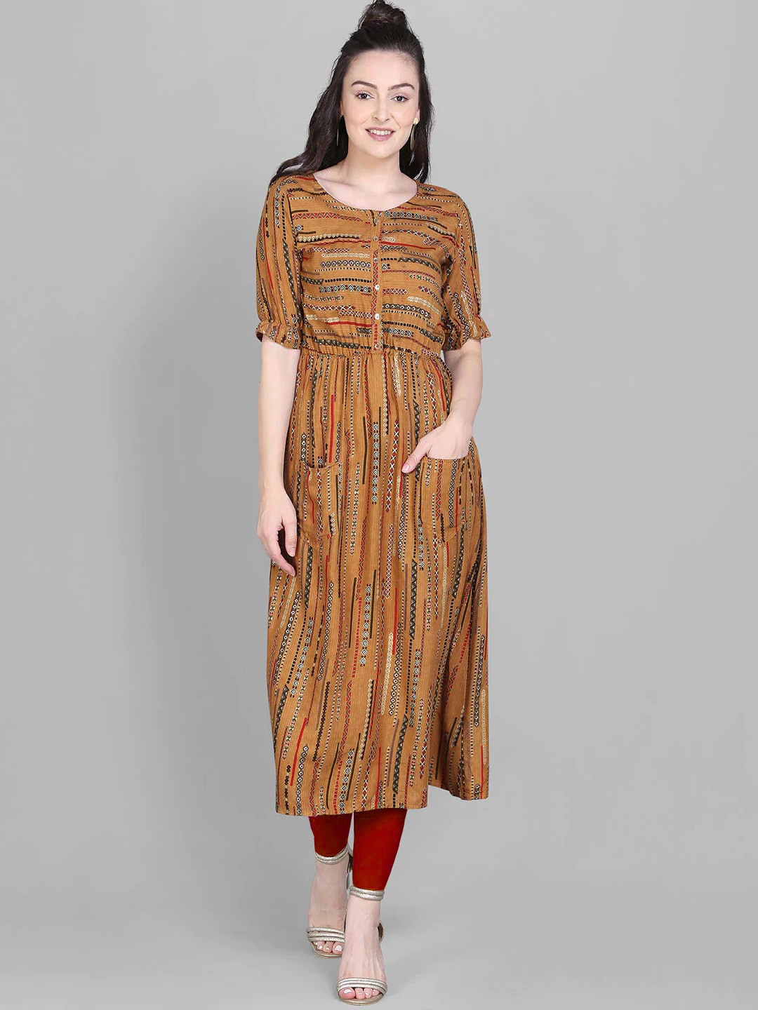 

OM SAI LATEST CREATION Women Brown Tribal Printed Bell Sleeves Kurta