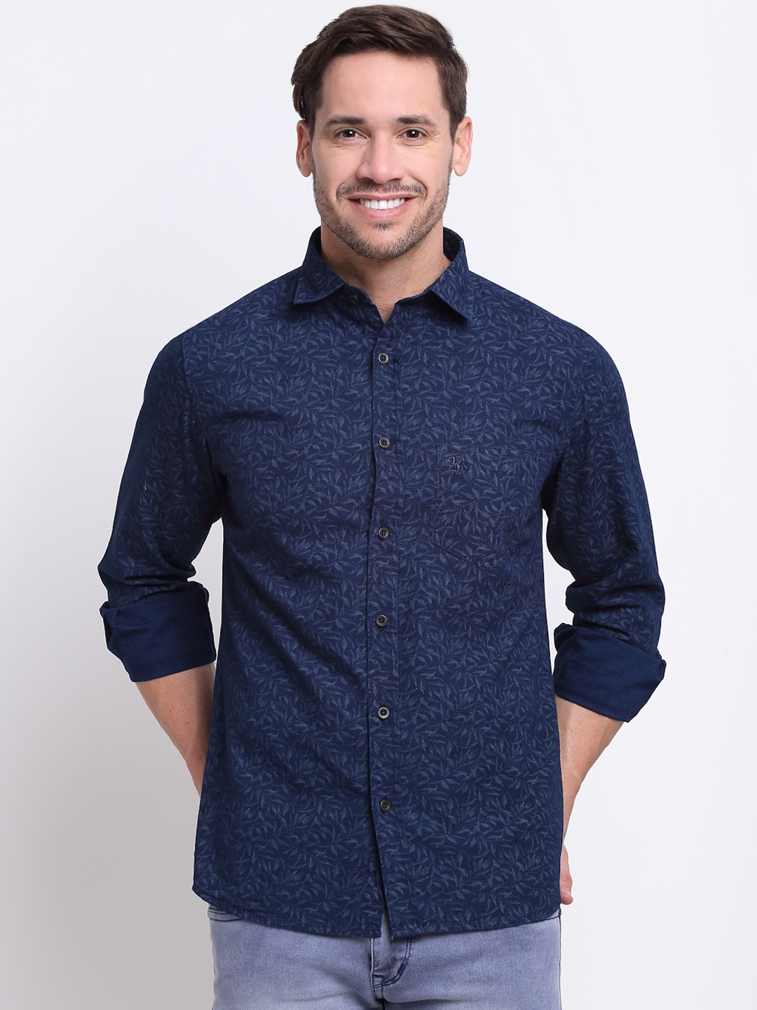 

Cantabil Men Navy Blue Classic Leaves Printed Opaque Printed Cotton Casual Shirt