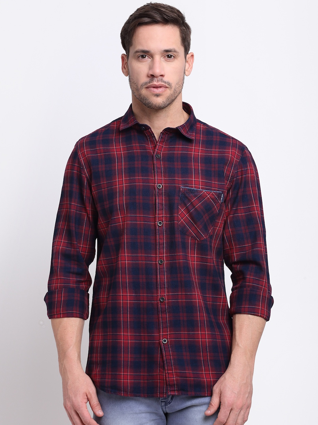 

Cantabil Men Red & Blue Classic Checked Cotton Casual Shirt