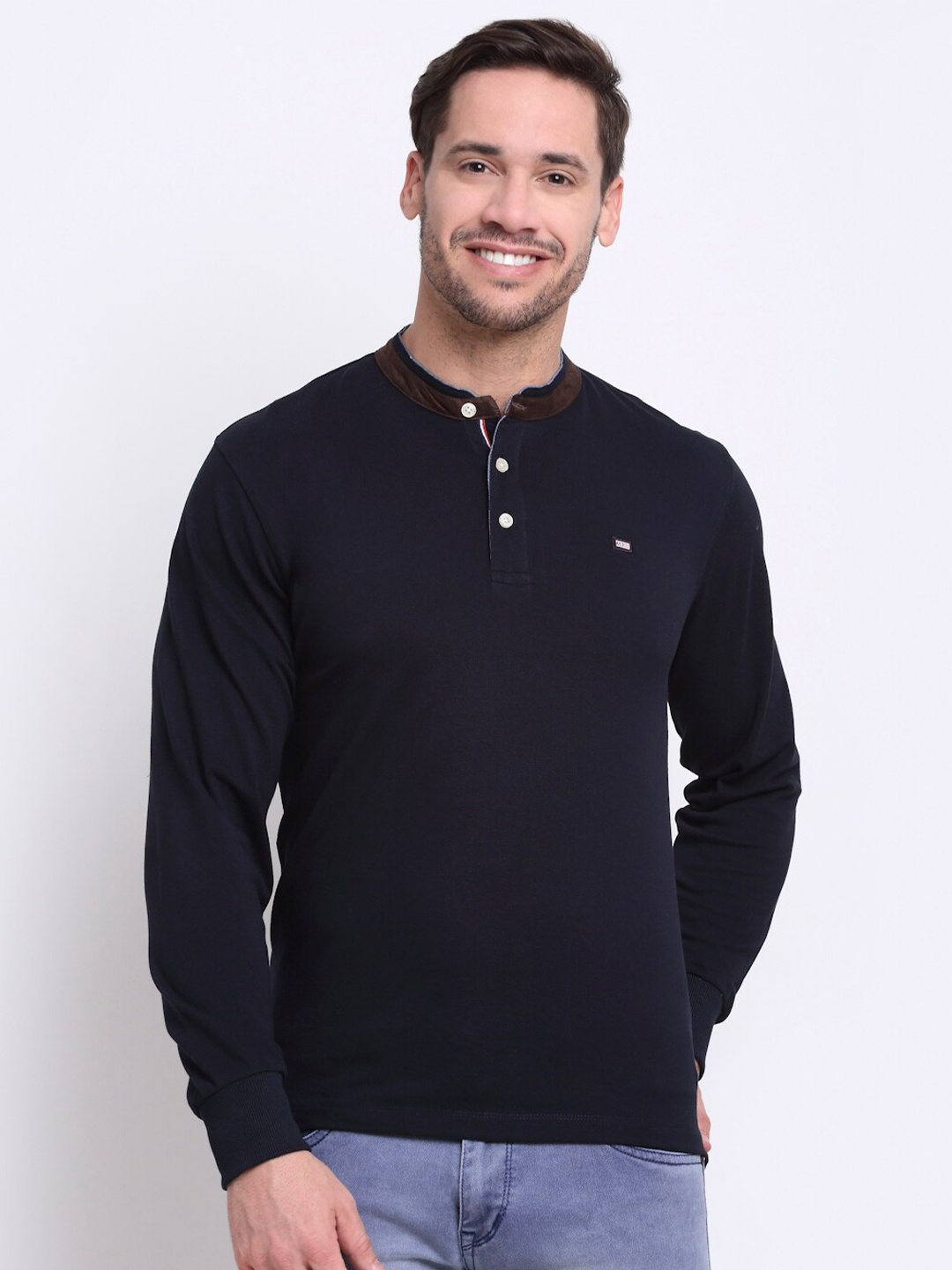 

Cantabil Men Navy Blue Cotton Henley Neck T-shirt