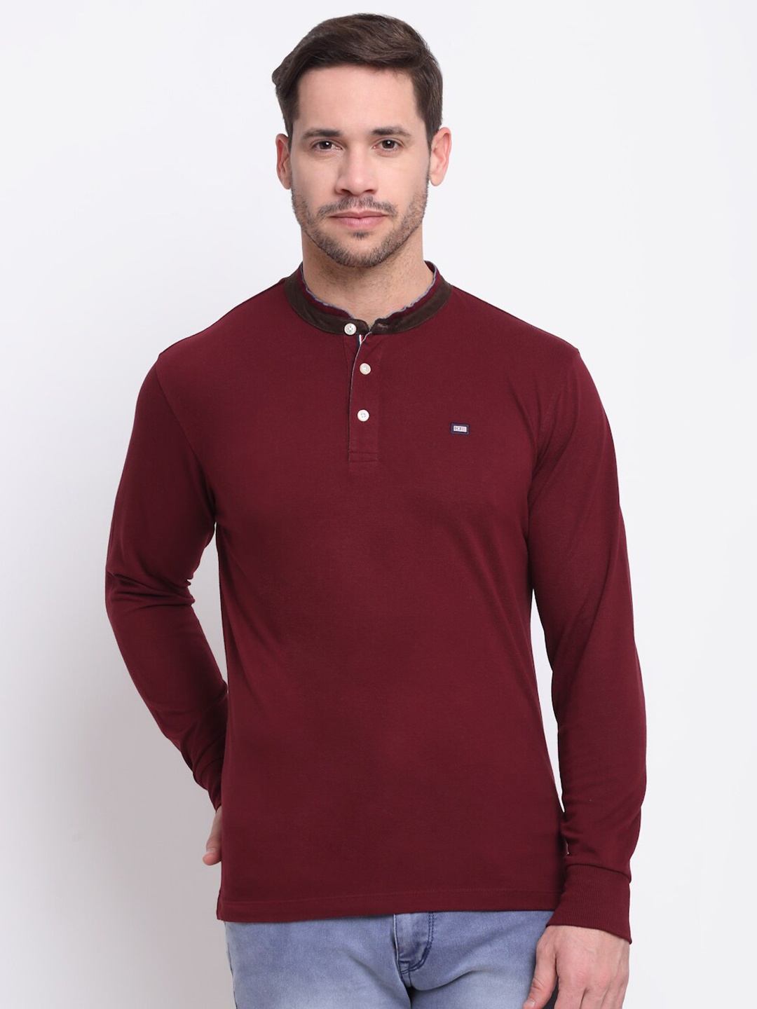 

Cantabil Men Maroon Cotton Henley Neck T-shirt