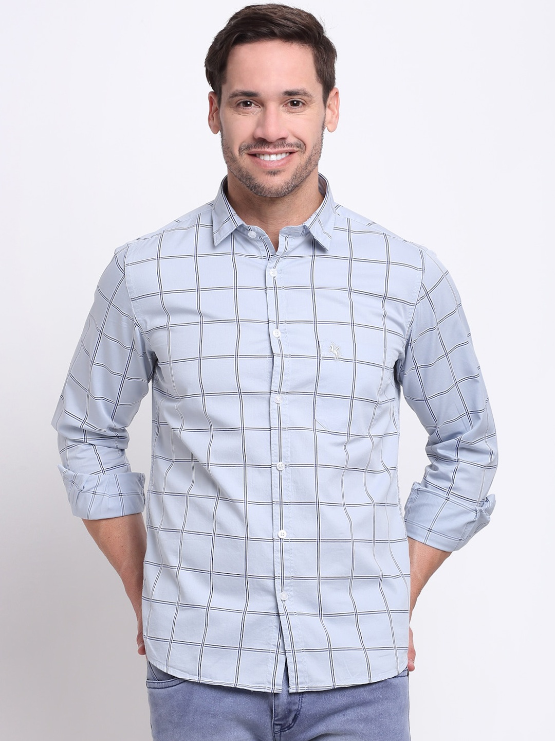 

Cantabil Men Grey Classic Windowpane Checks Opaque Checked Cotton Casual Shirt