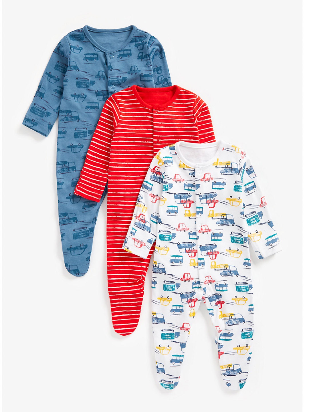 

mothercare Infant Boys Pack Of 3 Multicoloured Pure Cotton Sleepsuits, Multi