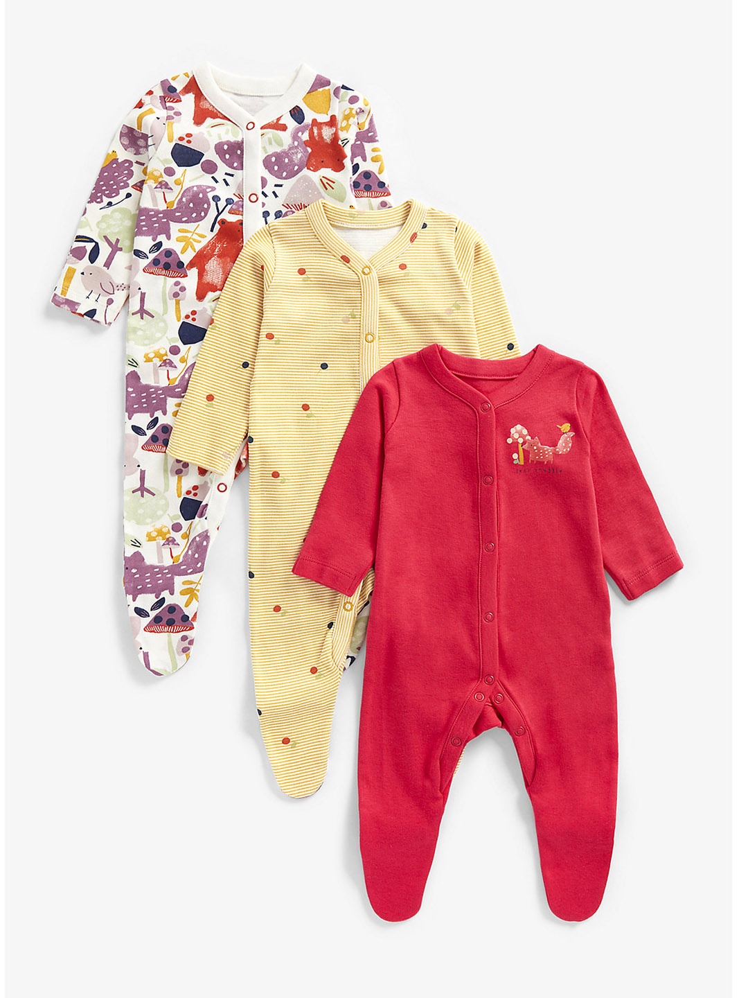 

mothercare Infant Girls Pack Of 3 Multicoloured Pure Cotton Sleepsuits, Multi