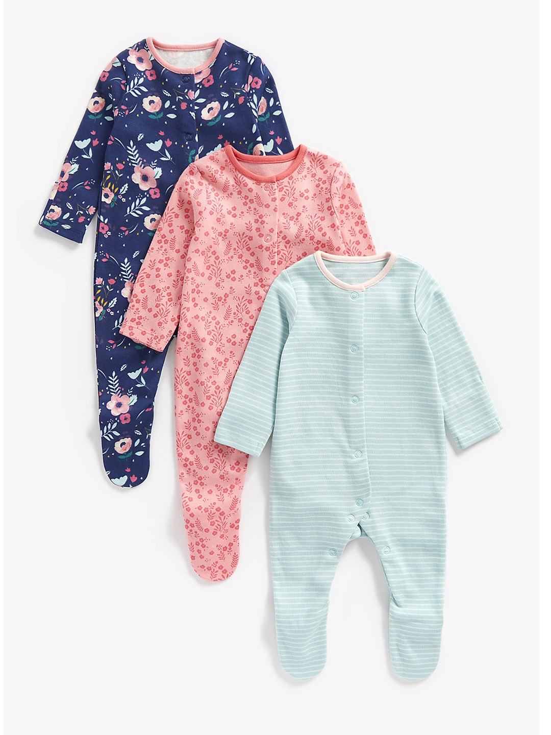 

mothercare Infant Girls Pack Of 3 Multicoloured Pure Cotton Sleepsuits, Multi