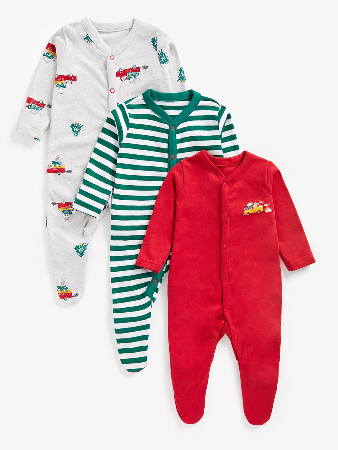 

mothercare Infant Boys Pack of 3 Cotton Printed Sleepsuits, Red