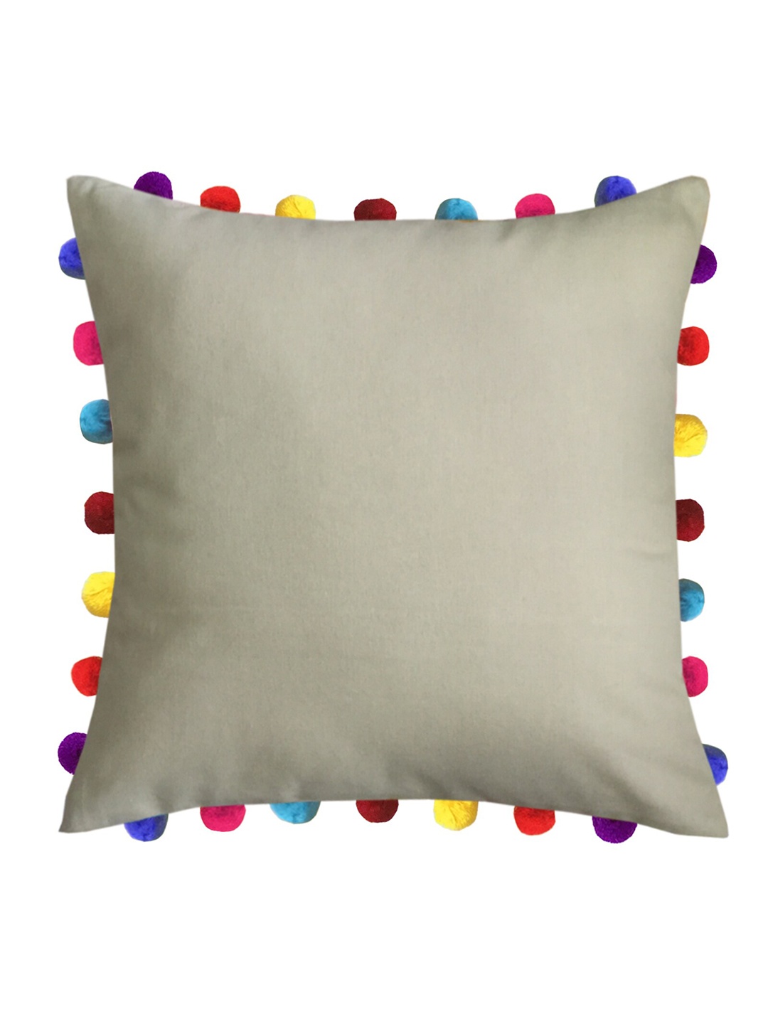 

Lushomes Beige Pure Cotton Square Cushion Covers With Colourful Pom Poms