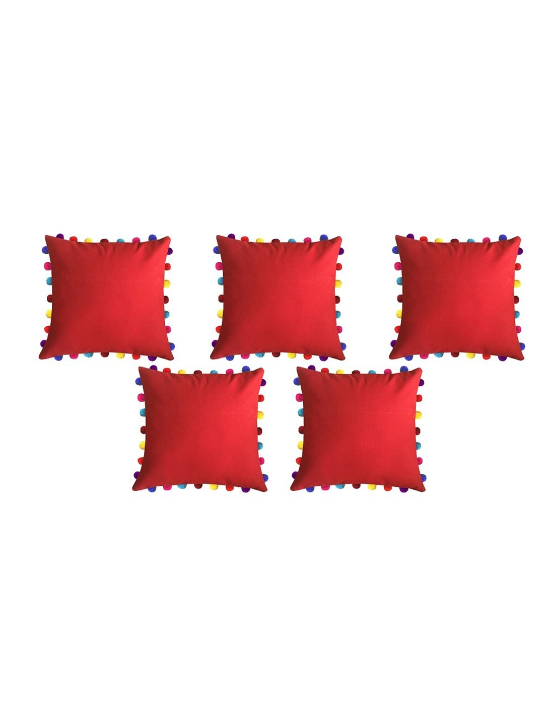 

Lushomes Red Set of 5 Square Cushion Covers with Pom-Poms