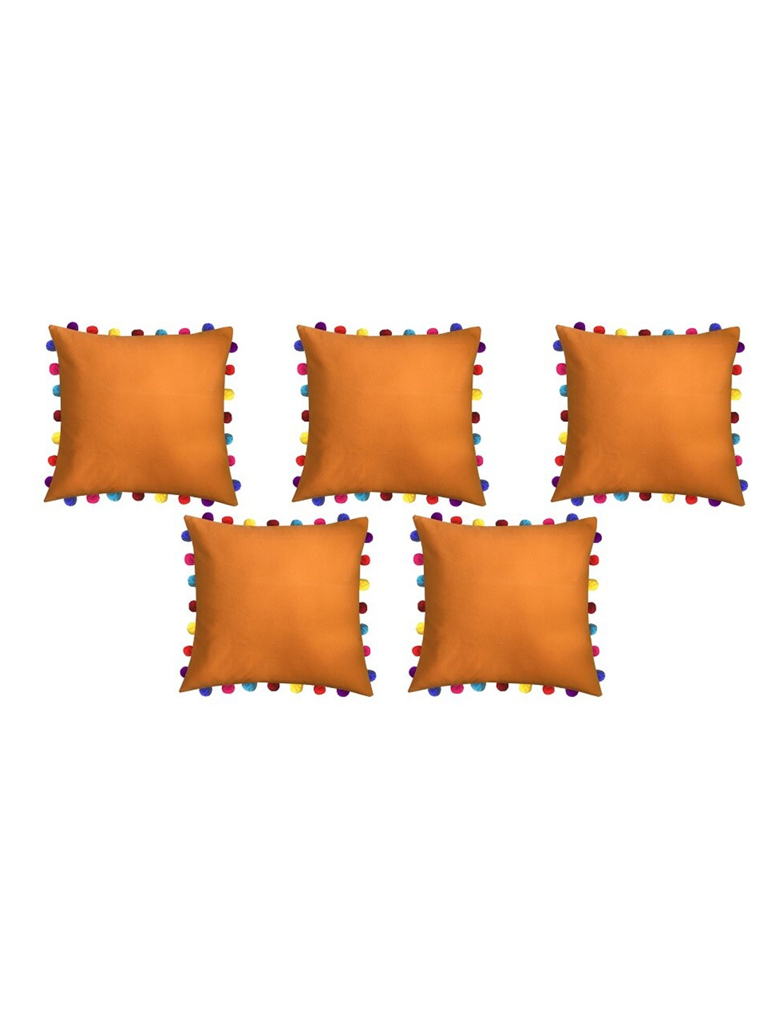 

Lushomes Set of 5 Orange Pure Cotton Square Cushion Covers With Colourful Pom Poms