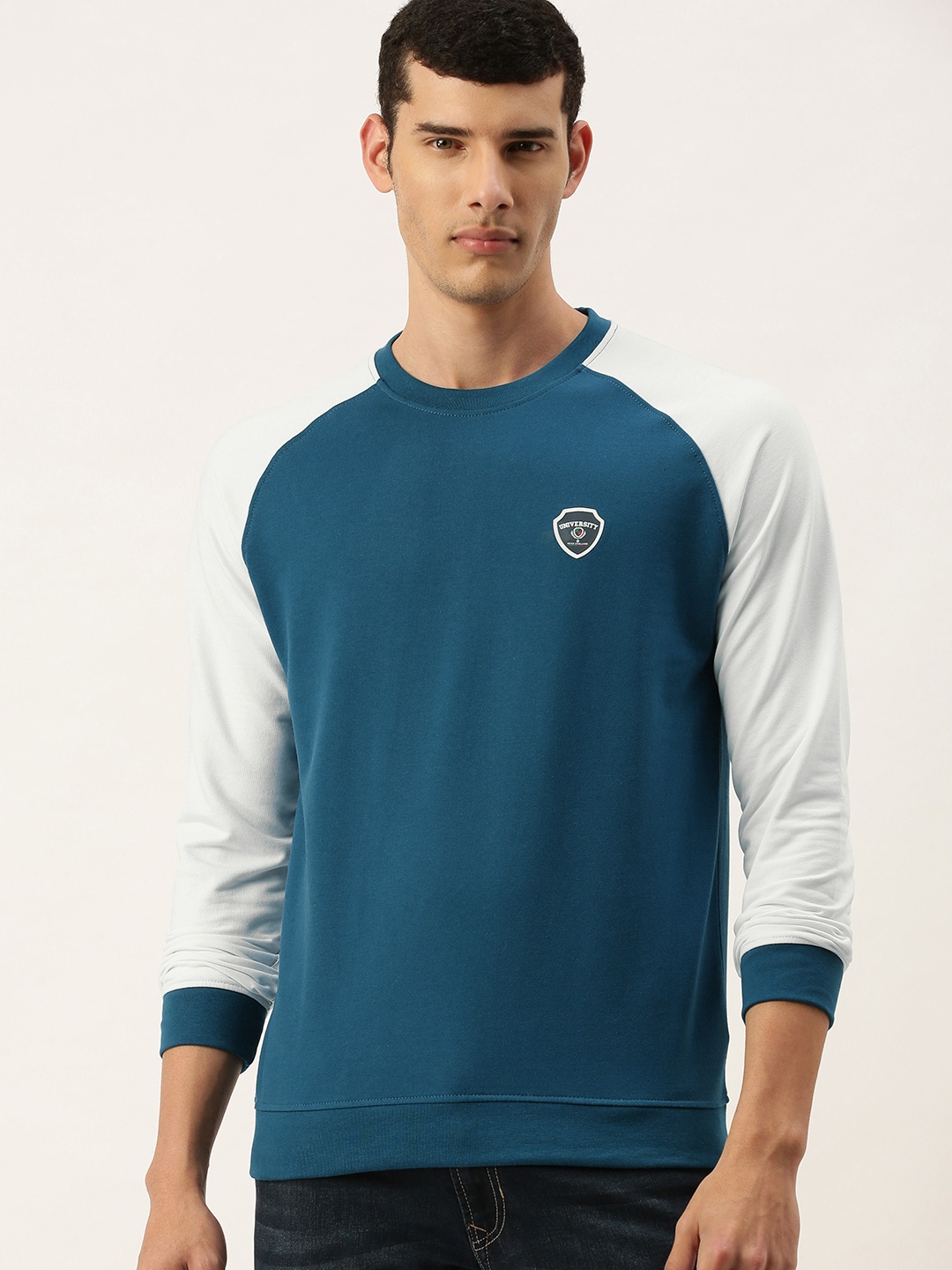 

Peter England Casuals Men Blue Contrast Sleeves Sweatshirt