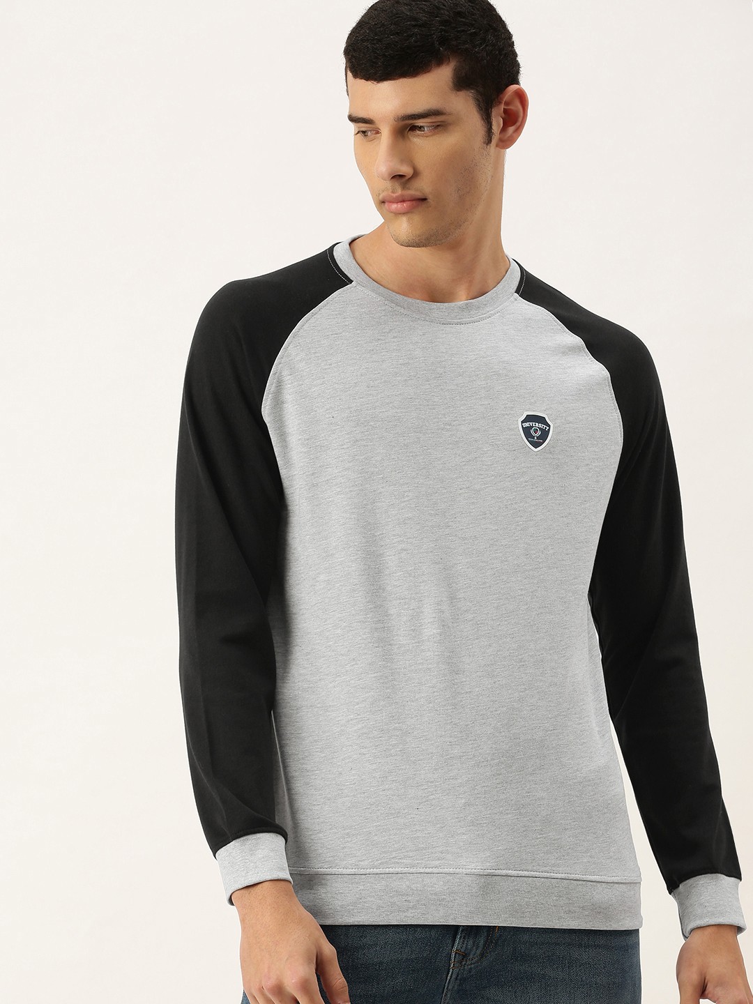 

Peter England Casuals Men Grey Melange Contrast Sleeves Sweatshirt