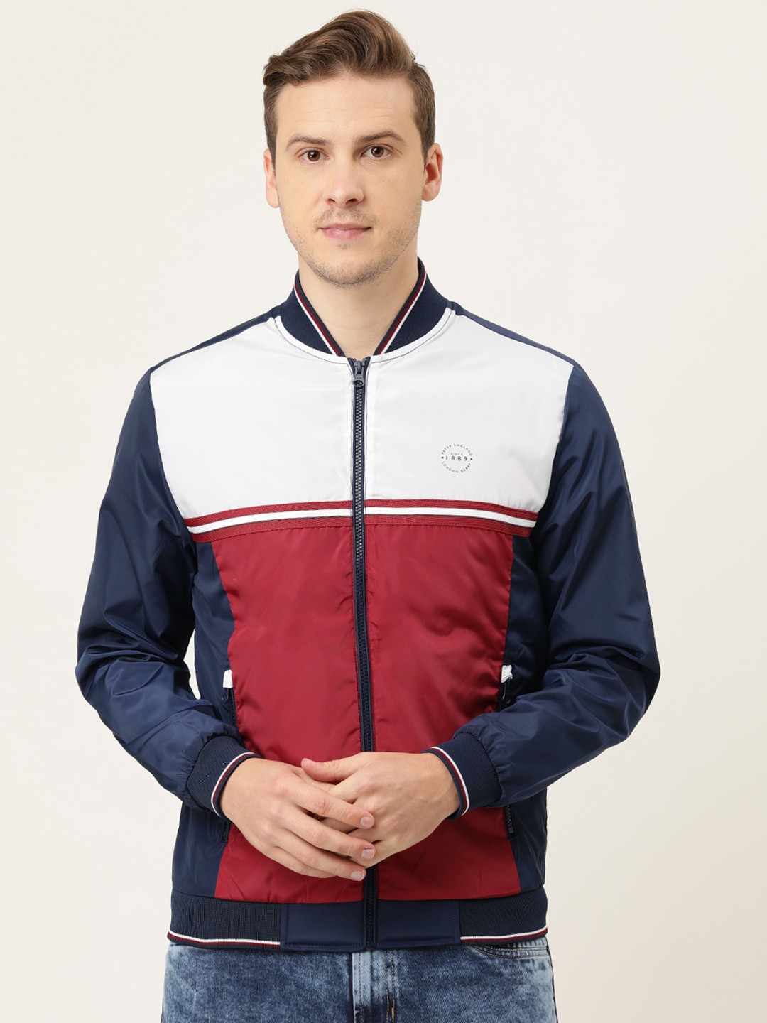 

Peter England Men White & Blue Colourblocked Bomber Jacket