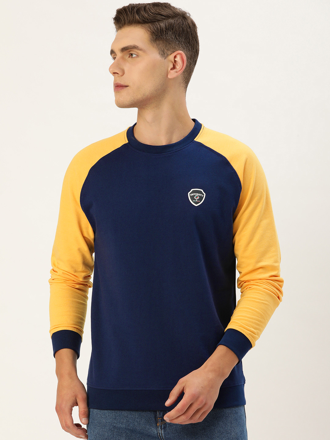 

Peter England Casuals Men Navy Blue & Yellow Raglan Sleeves Sweatshirt