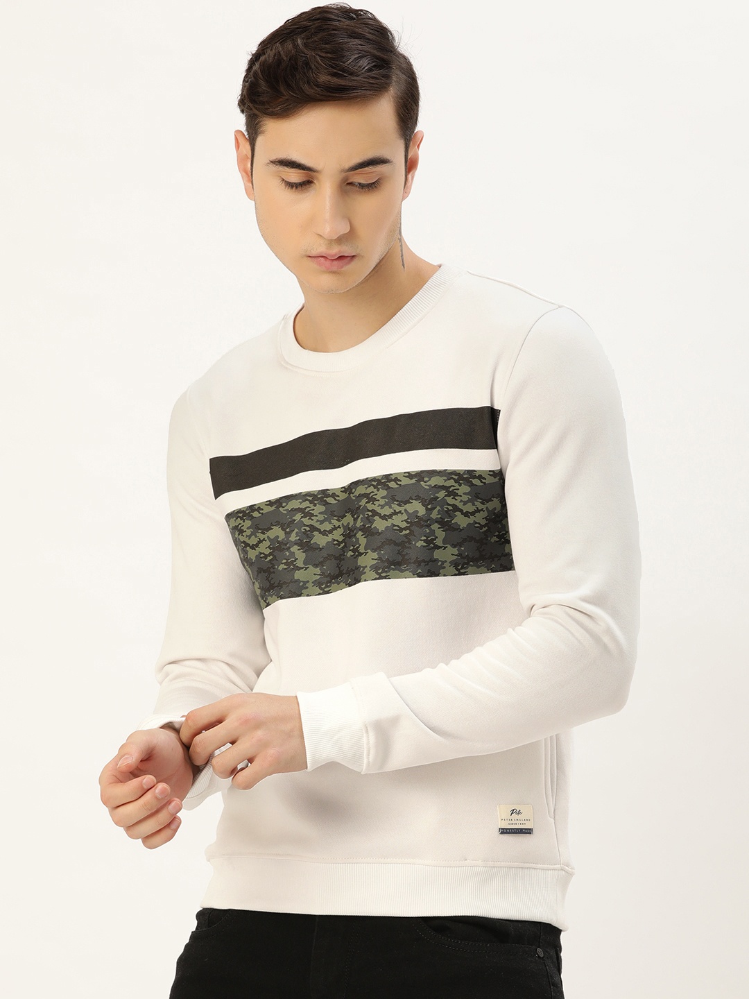 

Peter England Casuals Men White & Grey Camouflage Printed Sweatshirt