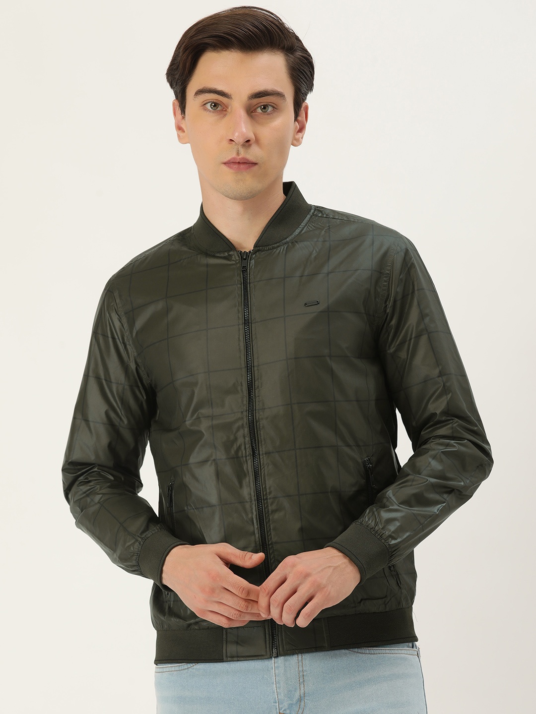 

Peter England Men Olive Green Solid Bomber Jacket