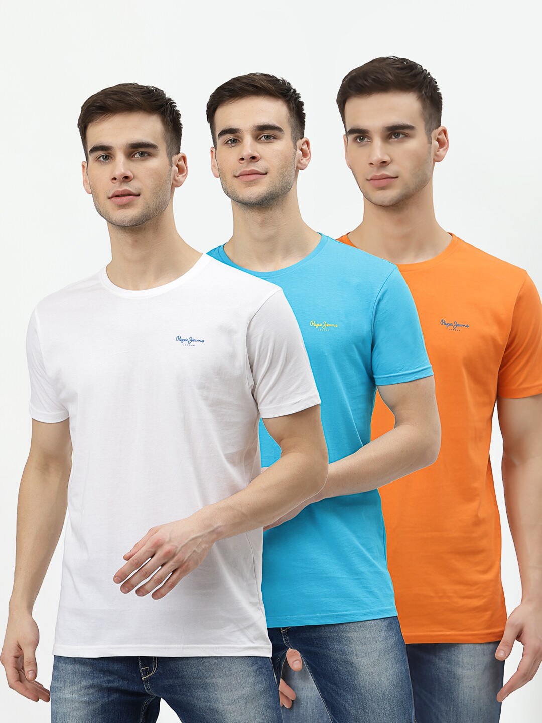 

Pepe Jeans Men Pack Of 3 Orange & Blue Brand Logo Pure Cotton T-shirts