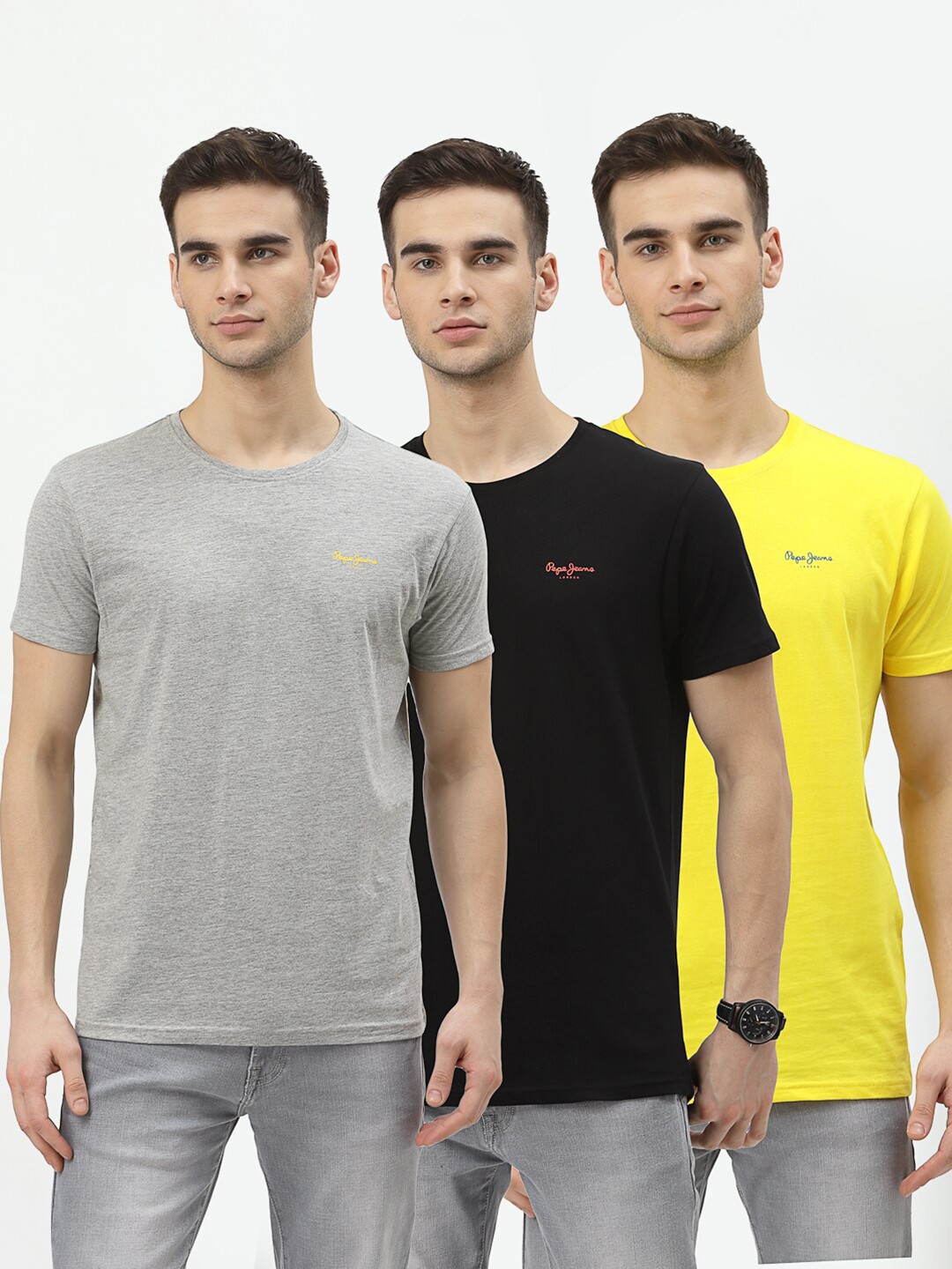 

Pepe Jeans Men Pack Of 3 Yellow & Black Brand Logo Pure Cotton T-shirts