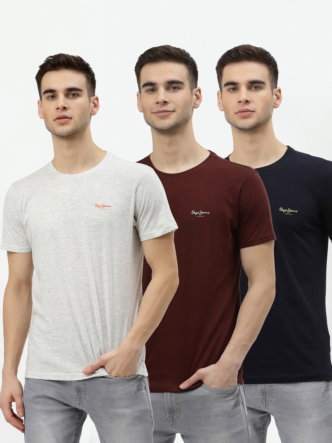

Pepe Jeans Men Pack Of 3 Burgundy & Grey Brand Logo Pure Cotton T-shirts