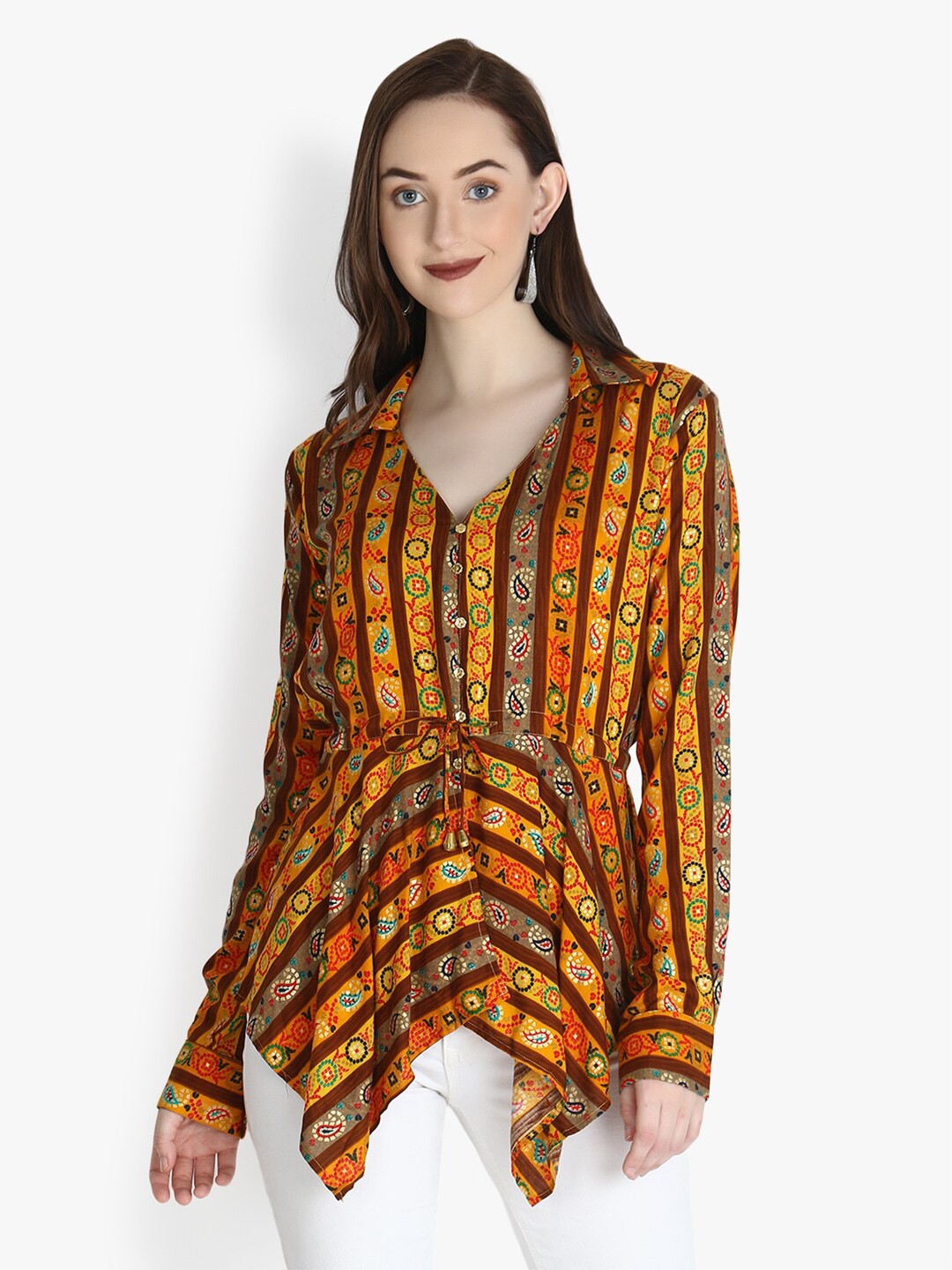 

OM SAI LATEST CREATION Mustard Yellow & Orange Cinched Waist Top