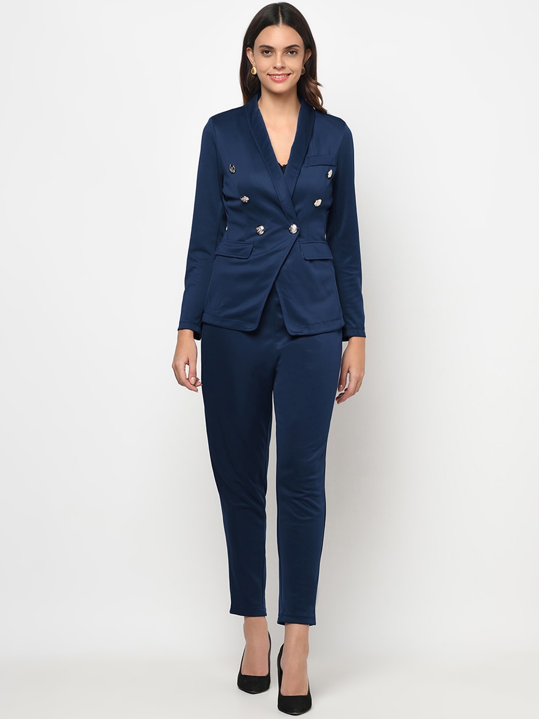 

iki chic Women 2 Piece Blue Solid Slim-Fit Single-Breasted Suit
