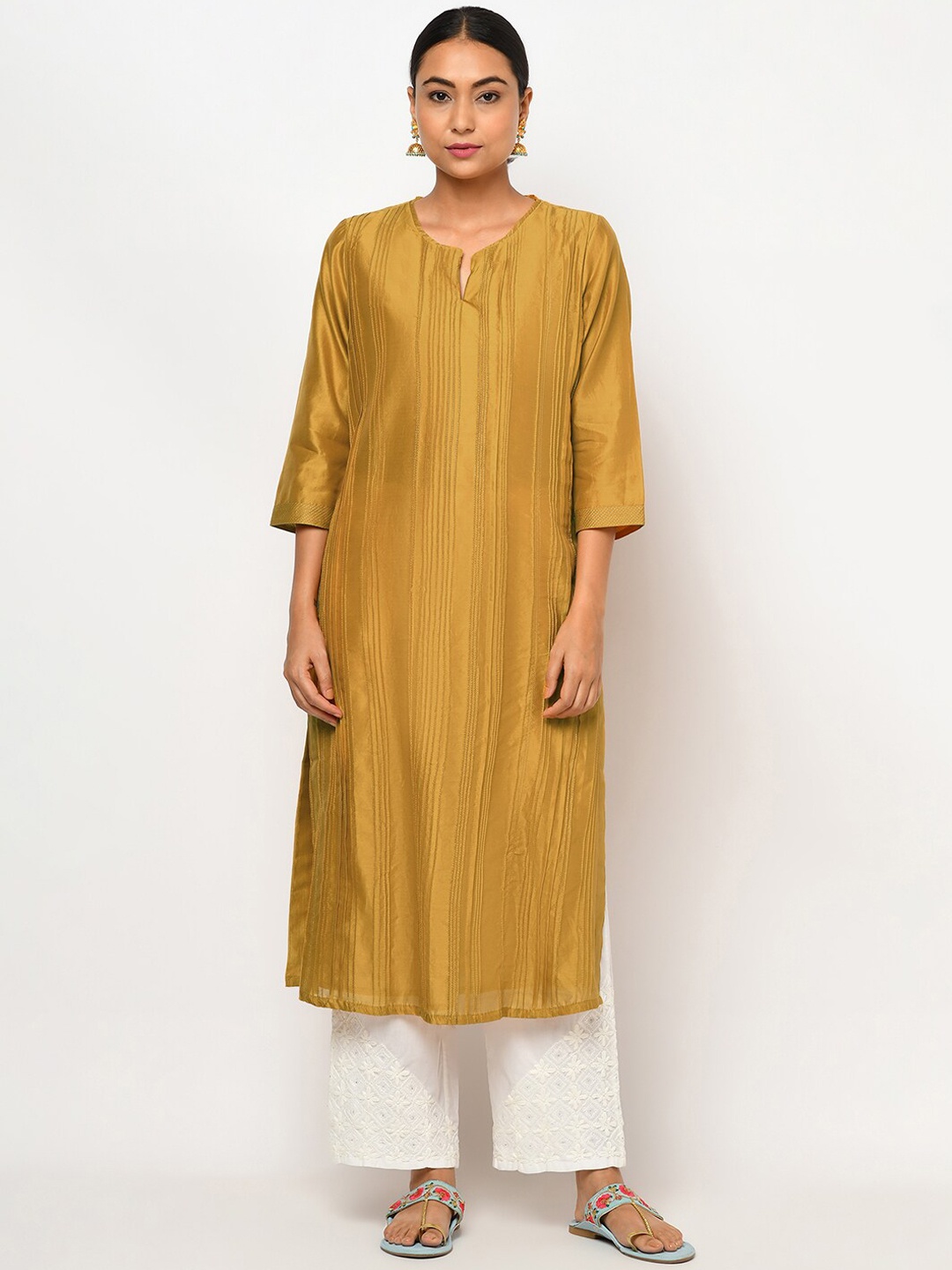 

Fabindia Women Mustard Yellow Keyhole Neck Kurta