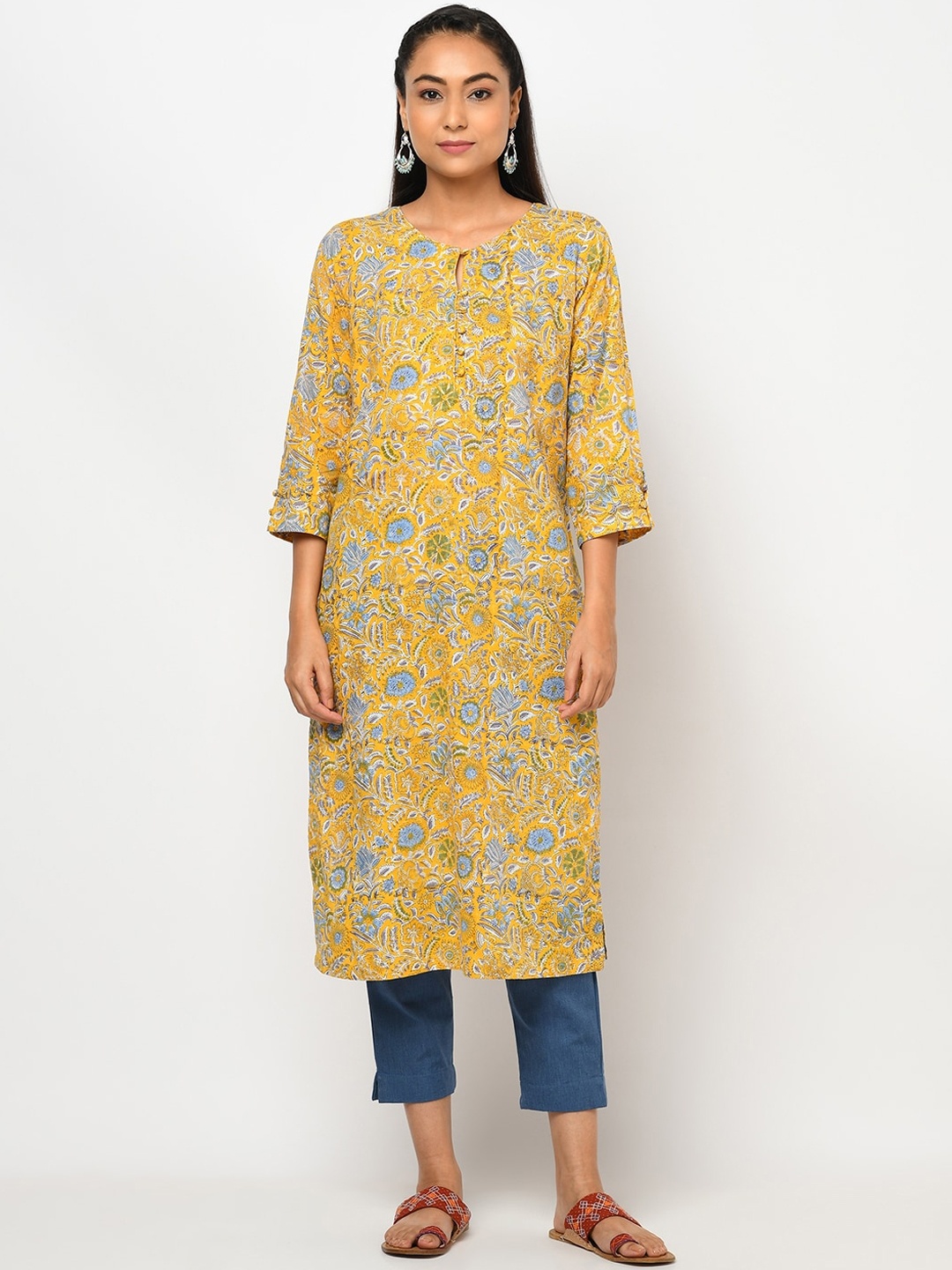 

Fabindia Women Yellow Floral Printed Keyhole Neck Kurta