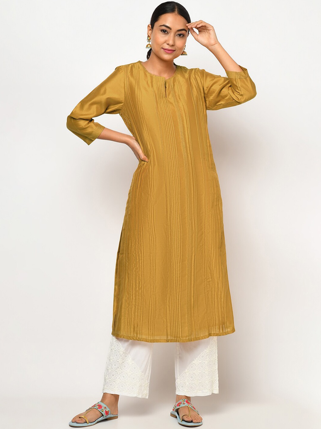 

Fabindia Women Mustard Yellow Keyhole Neck Kurta