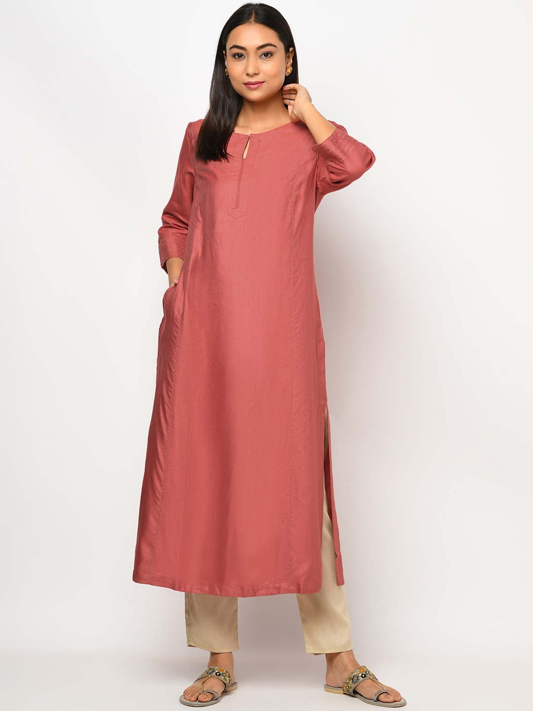 

Fabindia Women Coral Pink Keyhole Neck Kurta