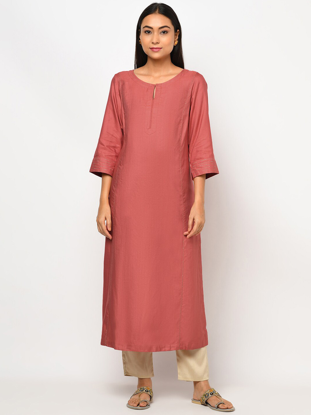 

Fabindia Women Coral Pink Keyhole Neck Kurta
